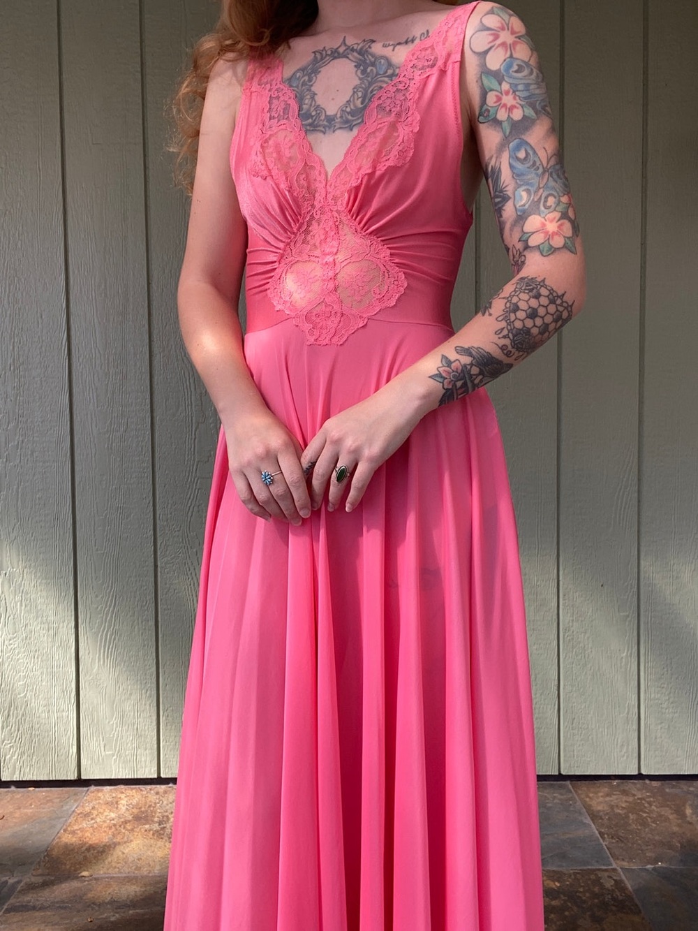 OLGA Vintage Sheer Pink Lace-Trim Gown Dress M GVC